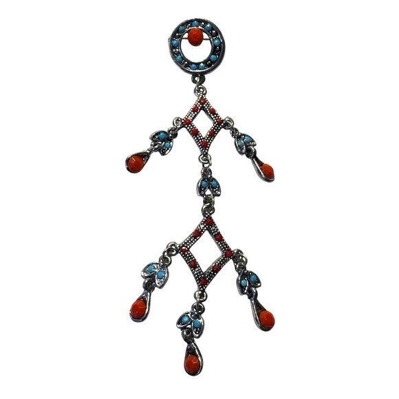 Southwestern Faux Turquoise & Coral Chandelier Brooch Silver-Tone 4 1/2" - Picture 3 of 6